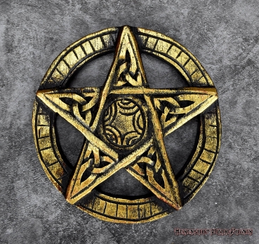 Wandrelief schwarzes geschnitztes Holz Pentagramm Goldfarbe